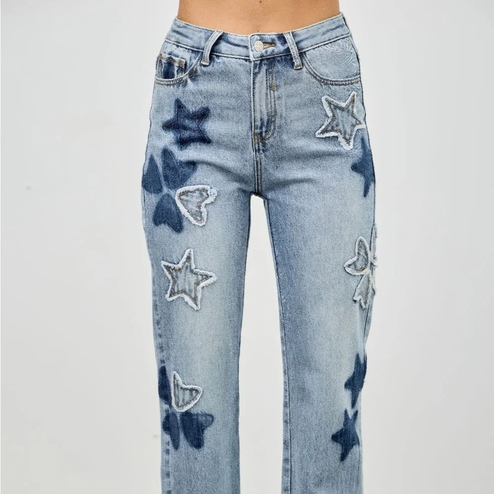 High Rise Star & Heart Patched Dad Jean W/stretch
